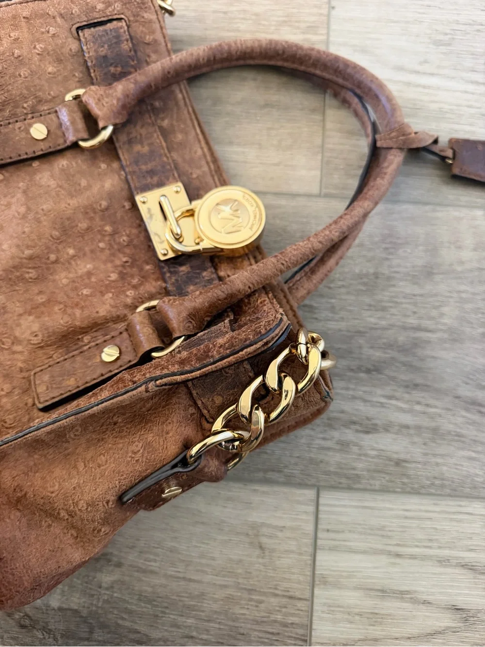 Michael Kors Chestnut Ostrich-Texture Satchel with Gold Hardware